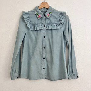 APC Upcycled Embroidered Memphis Chemise Button Down Ruffle Shirt Blouse​​​​